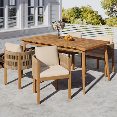 Ensemble de salle à manger d'extérieur 5 pièces pour 4 personnes avec chaise de 20 po et coussins, ensemble de table de patio et chaises avec structure en bois d'acacia, ensemble de mobilier d'extérieur en rotin pour jardin