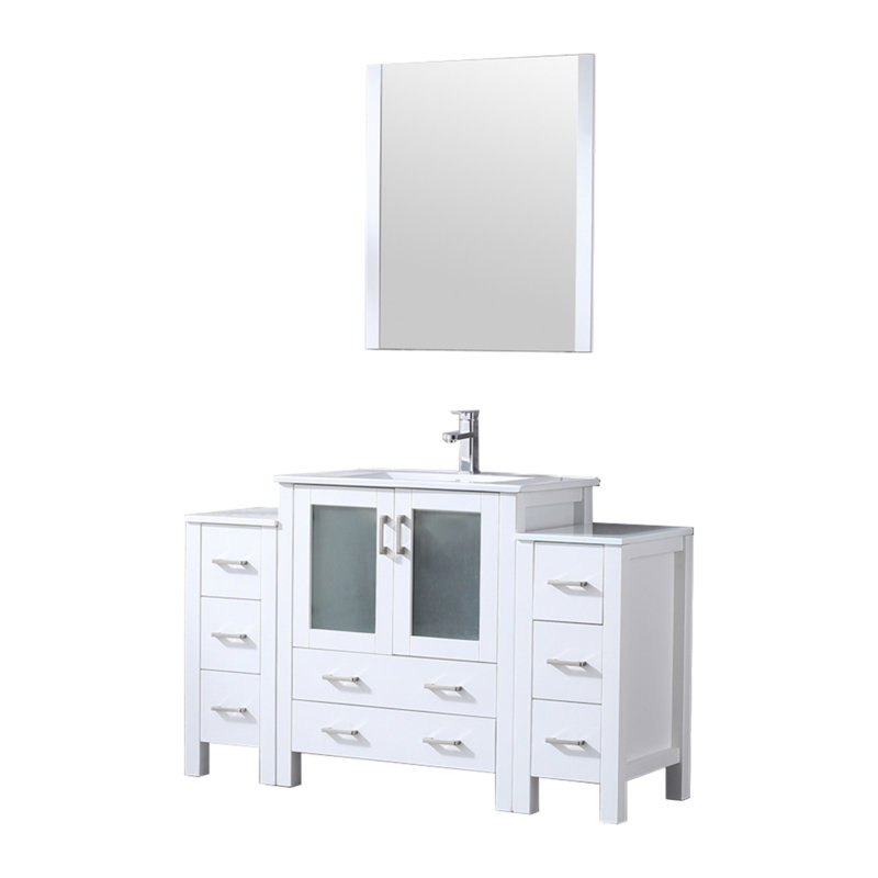 Meuble-lavabo blanc l 54 po x P 18,25 po, avec armoires latérales, ensemble de robinet, comptoir en céramique blanche et miroir de 28 po