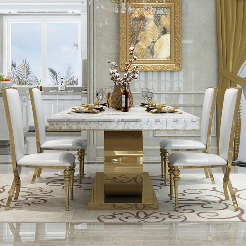 Luxury Modern Marble Rectangular Dining Table Sets, 30.7"H x 78.7"L x 39.3"W