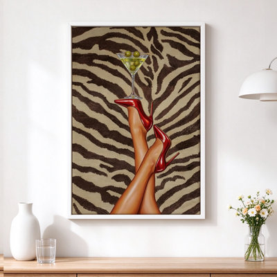 Red High Heels and Martini Pop Art Canvas Wall Art, Black and Red Fashion Graphic Print with White Floater Frame, 20x30 Inch Glam Wall Decor for Living Room and Office