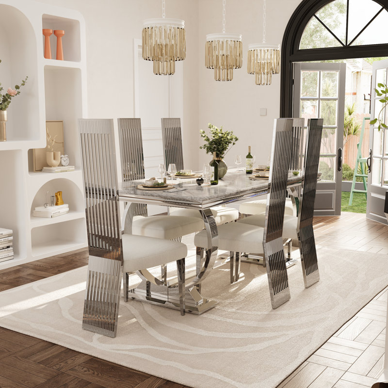 7 Piece Dining Table Set With 6 White Boucle Dining Chairs, Silver, Gray