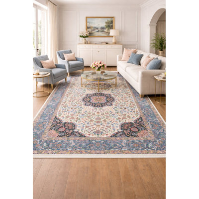 Tapis oriental crème crème à motif floral classique Kirman