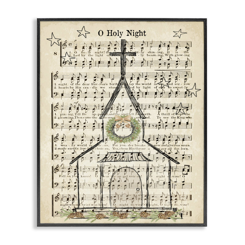 Festive Winter Church Sainte Night Script musical gris Farmhouse, H 20 po x l 16 po, Giclée encadrée noir minuit