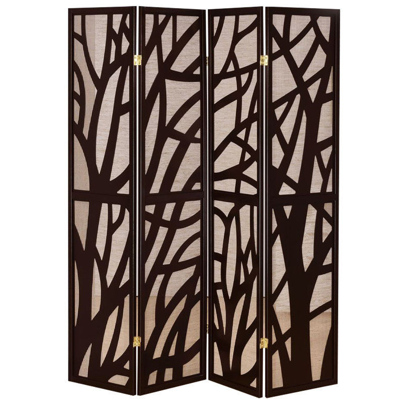 Paravent 4 panneaux Corleone Espresso avec motif d'arbre et incrustation de jute