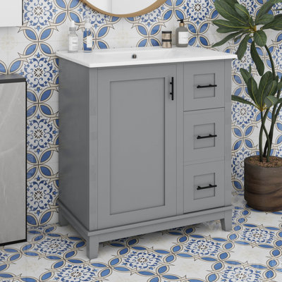 Meuble-lavabo de 30 po avec lavabo en céramique, structure en bois d'hévéa, une porte avec double support de rangement et 3 tiroirs, charnières à fermeture en douceur