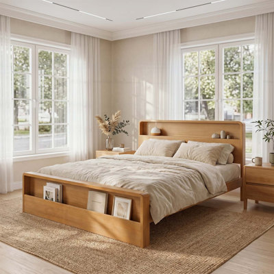 Structure de lit en bois avec double rangement ouvert, aucun sommier requis, finition brun chaud