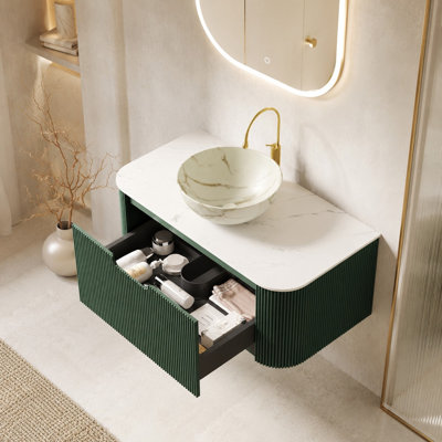Meuble-lavabo suspendu de 91 cm avec tiroir de rangement et lavabo blanc mat