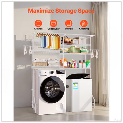 Over The Washer and Dryer Storage Shelf, 6 Tier Laundry Room Drying Rack with Hanger Rod and Hooks, Adjustable Over Washer and Dryer Shelves, Laundry Room Shelf Storage Space Saver, White