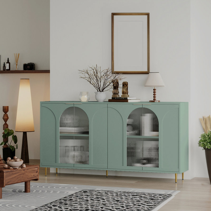 Trin Modern Lacquer Accent Cabinet with 4 Glass Doors – Adjustable Shelves Buffet Sideboard for Living Room, Dining Room, Entryway