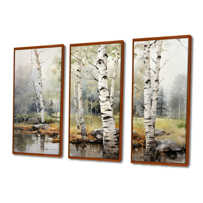 «Green Birch Wood Beauty I - Tree Birch», ensemble d'art sur toile, H 32 po x l 48 po x P 1 po, Cadre flottant brun