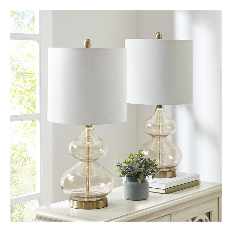 Ensemble de 2 lampes de table modernes en verre courbé avec base dorée et abat-jour tambour blanc pour le salon de la chambre à coucher