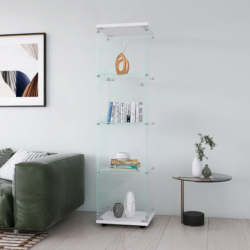 Vitrine en verre 4 tablettes avec porte, bibliothèque Curio