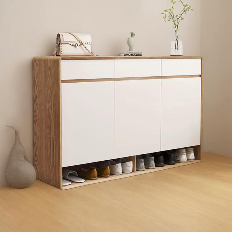 Solid Wood Shoe Cabinet One Household 20 Pair Shoe Storage Cabinet, White/Brown
