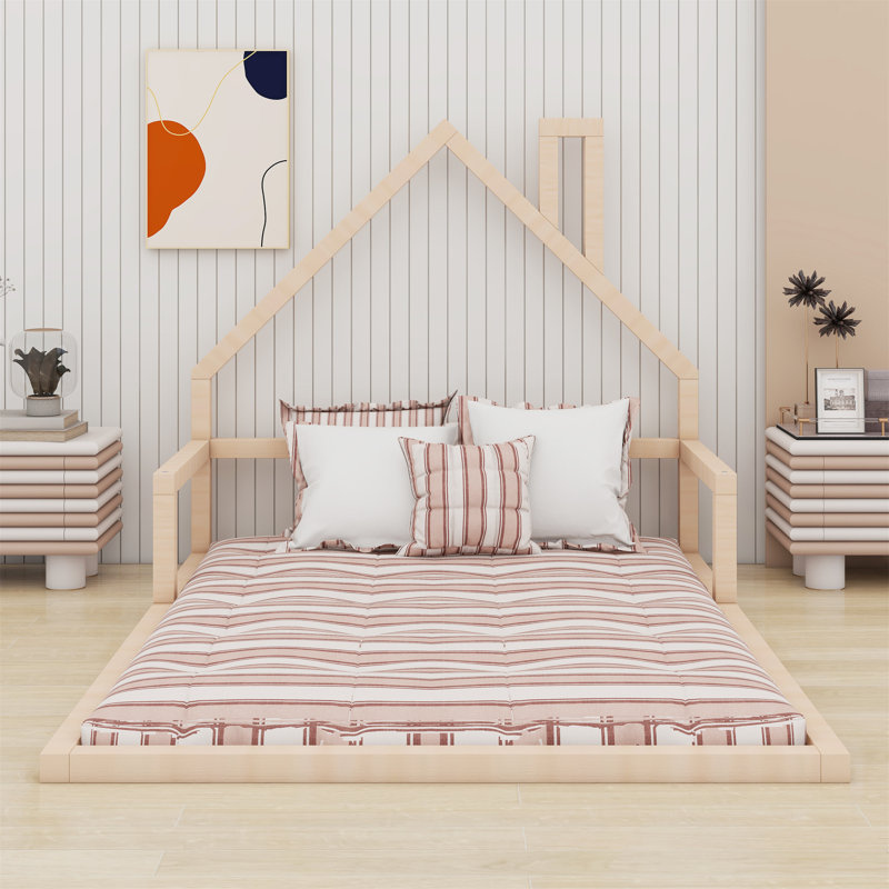 Floor Bed With House-Shaped Headboard, Natural