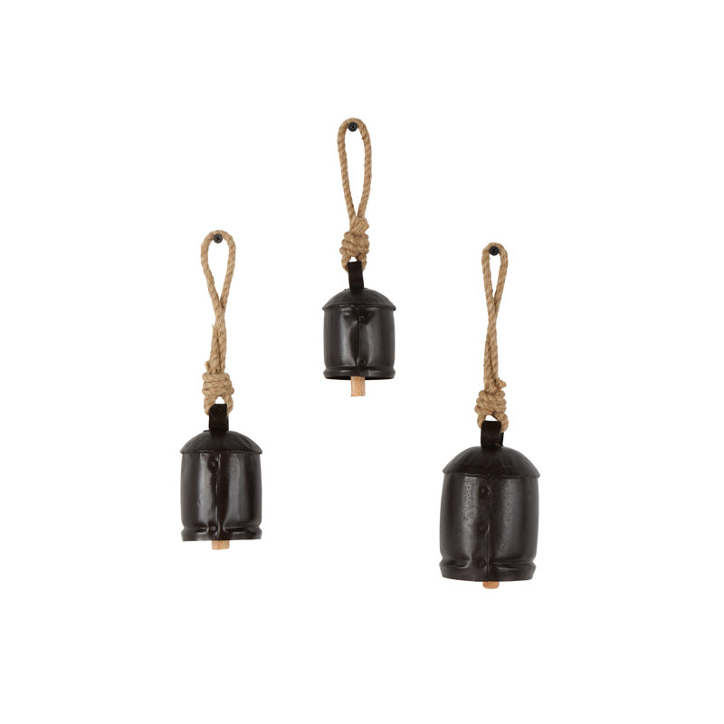 Cole And Grey Metal Cluster Indoor Outdoor Black Decorative Cow Bells With Jute Hanging Rope Set