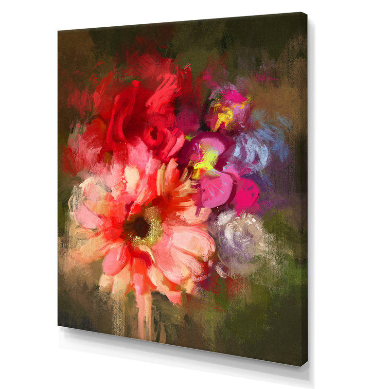 Fleurs rouges grunge style - décoration murale traditionnelle sur toile, L 24 po x H 36 po x P 1,5 po, Toile tendue