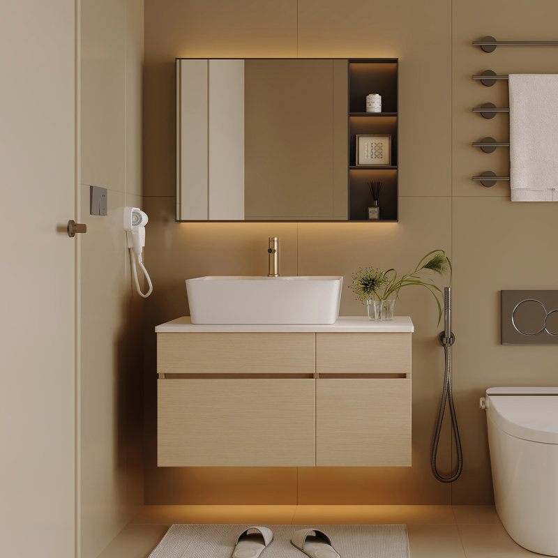 Meuble-lavabo simple 31,5 po avec lavabo vasque, plateau en bois multi-couches, rangement classifié, mécanisme de fermeture en céramique moderne à placage en douceur dans les unités de rangement