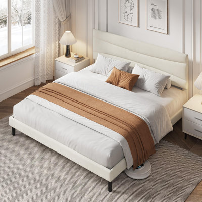 Modern Upholstered Bed Frame, Soft Padded Headboard, Sturdy Metal Steel Slat Support