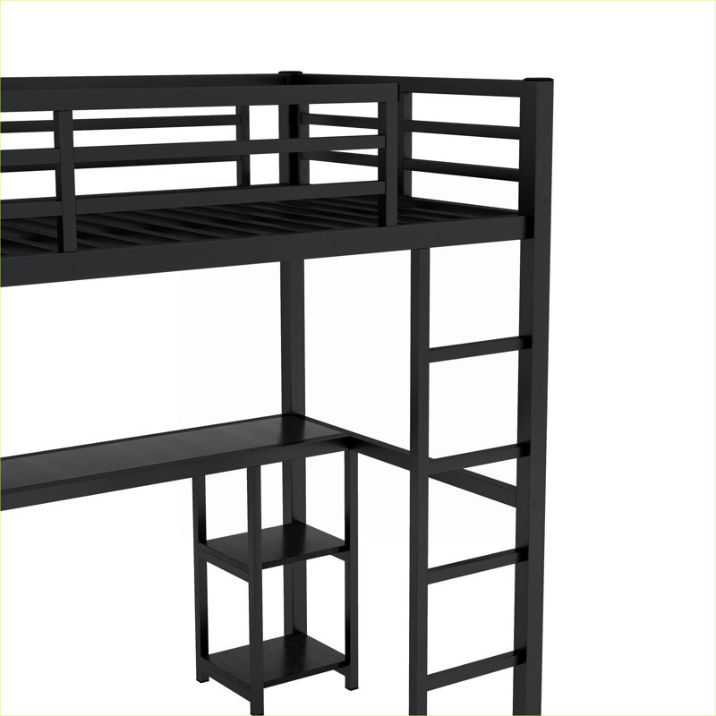 Structure de lit mezzanine extra-longue simple pour petites chambres, métal noir classique avec bureau intégré, garde-robe et tablettes de rangement