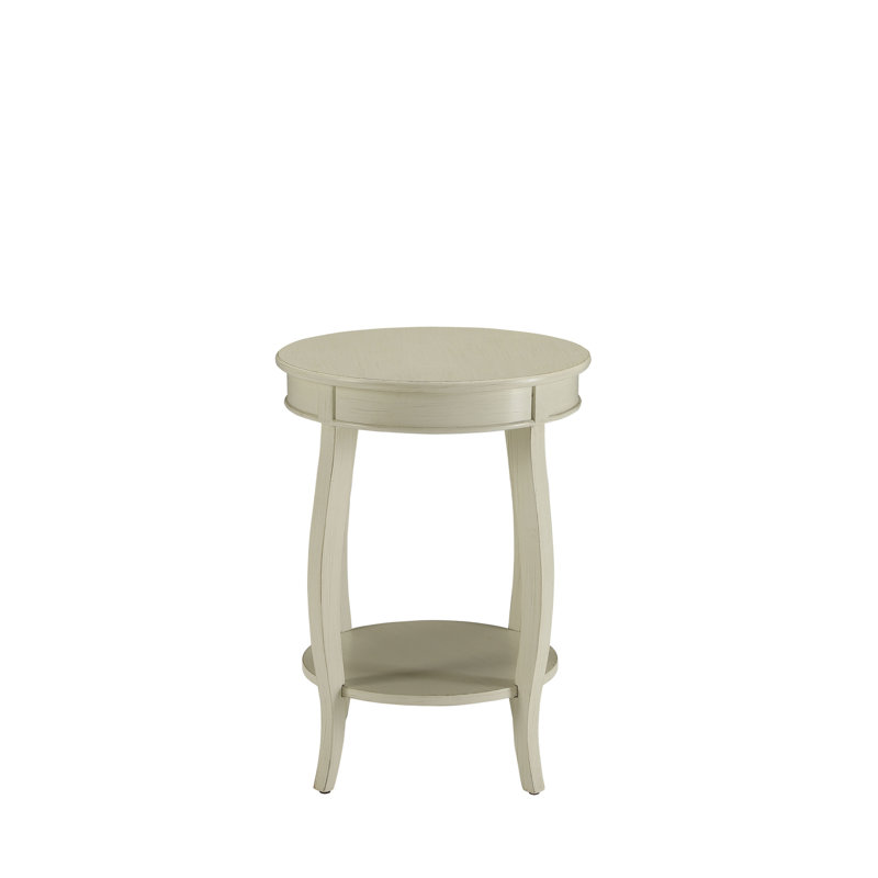 Table d'appoint ronde en bois blanc antique avec tablette, adaptée à divers espaces, ajoutant du charme à tout espace