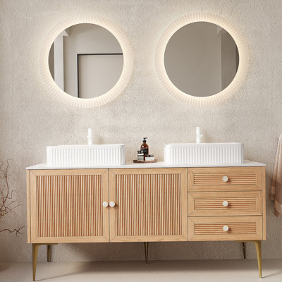Meuble-lavabo de salle de bain avec lavabos, armoire de rangement autoportante, plusieurs tiroirs et portes, lavabos en céramique, pré-assemblé pour une installation facile