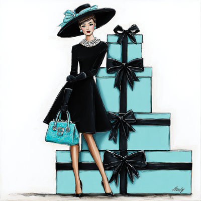 Elegant Woman with Blue Gift Boxes Wrapped Canvas Wall Art