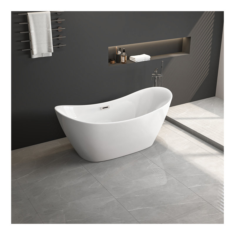 Baignoire autoportante en acrylique, blanc brillant, baignoire simple avec trop-plein chromé et bonde escamotable, certifiée cUPC
