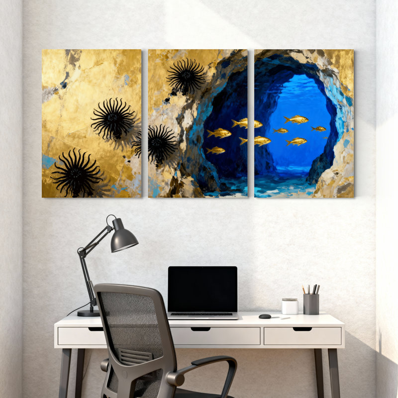 Ensemble de 3 impressions sur toile Golden Coral Reef avec poisson et grotte, H 30 po x l 60 po