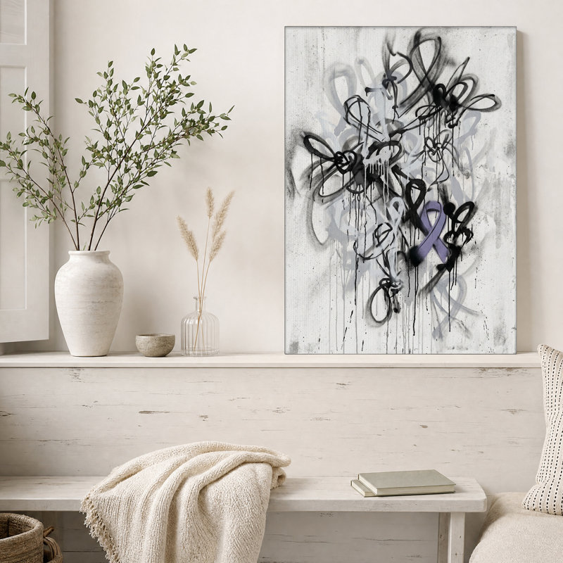 Toile murale avec boucles de graffitis noirs et ruban violet, H 24 po x l 16 po
