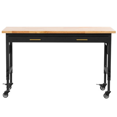 Adjustable Height Wood Workbench with Metal Frame and Power Outlets