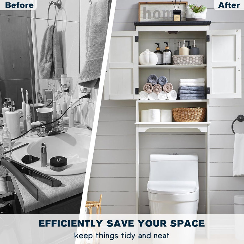 Armoire de rangement Farmhouse au-dessus de la toilette, armoire de salle de bain en bois avec tablette réglable, Blanc cassé