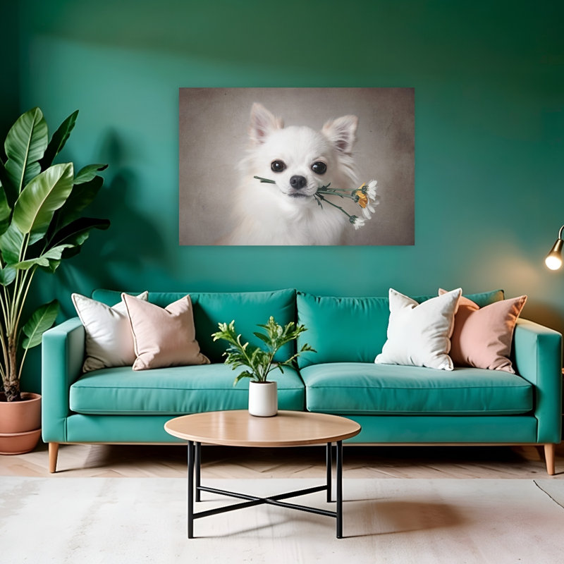 Adorable chihuahua et fleurs - Illustration murale abstraite contemporaine représentant un paysage de marguerites et de chiens - Chiot mignon
