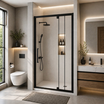 Porte de douche semi-encadrée en verre à charnière pivotante l 44 à 48 po x H 72 po, verre trempé 1/4 po (6 mm), finition noir mat, porte de douche en verre réversible