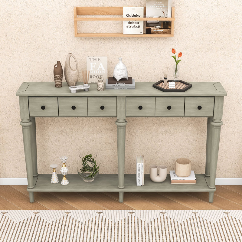 Console rustique vintage avec tiroirs et tablette ouverte, Gris délavé