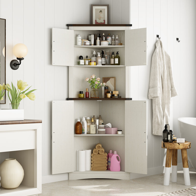 68" Corner Kitchen Pantry With 4 Doors And Adjustable Shelves, White