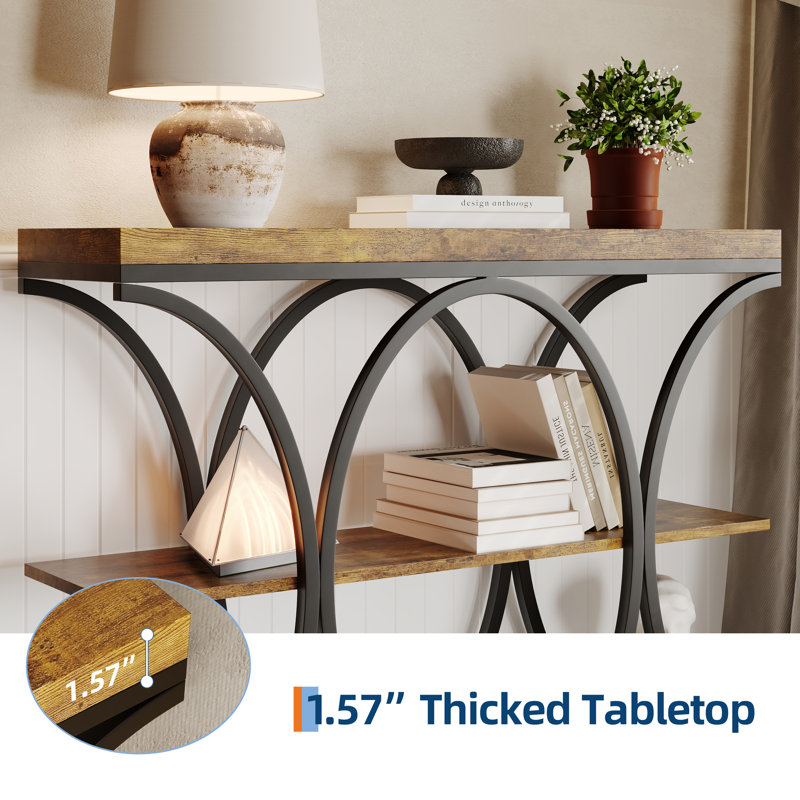 Console étroite à 3 niveaux, table basse industrielle avec structure métallique en demi-cercle, tables d'appoint rustiques en bois avec étagères de rangement pour entrée, couloir, salon ou hall d'entrée