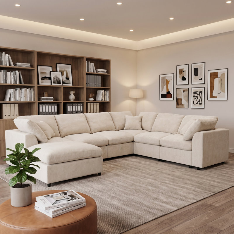 Canapé modulaire très grand 120,8 pouces avec repose-pieds mobile, conception en L et structure en pin massif - canapé en chenille 7 places pour le salon, le bureau et les espaces spacieux