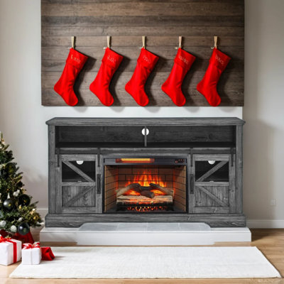 60 Inch Electric Fireplace Entertainment Center - With Door Sensor Dark Rustic Oak Style