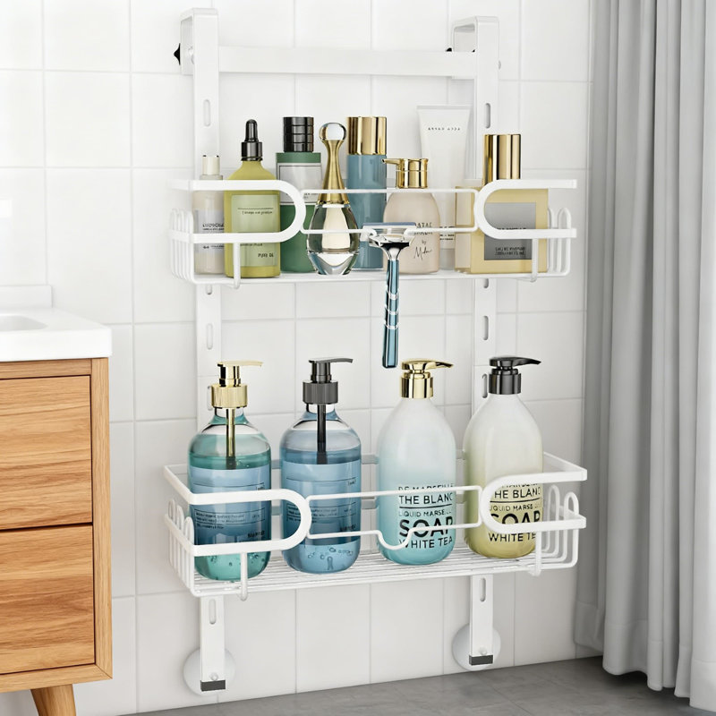 Serviteur de douche au-dessus de la porte avec 12 crochets, tablette de rangement de douche suspendue à 2 niveaux réglable pour le rangement dans la salle de bain, installation facile sans perçage requis