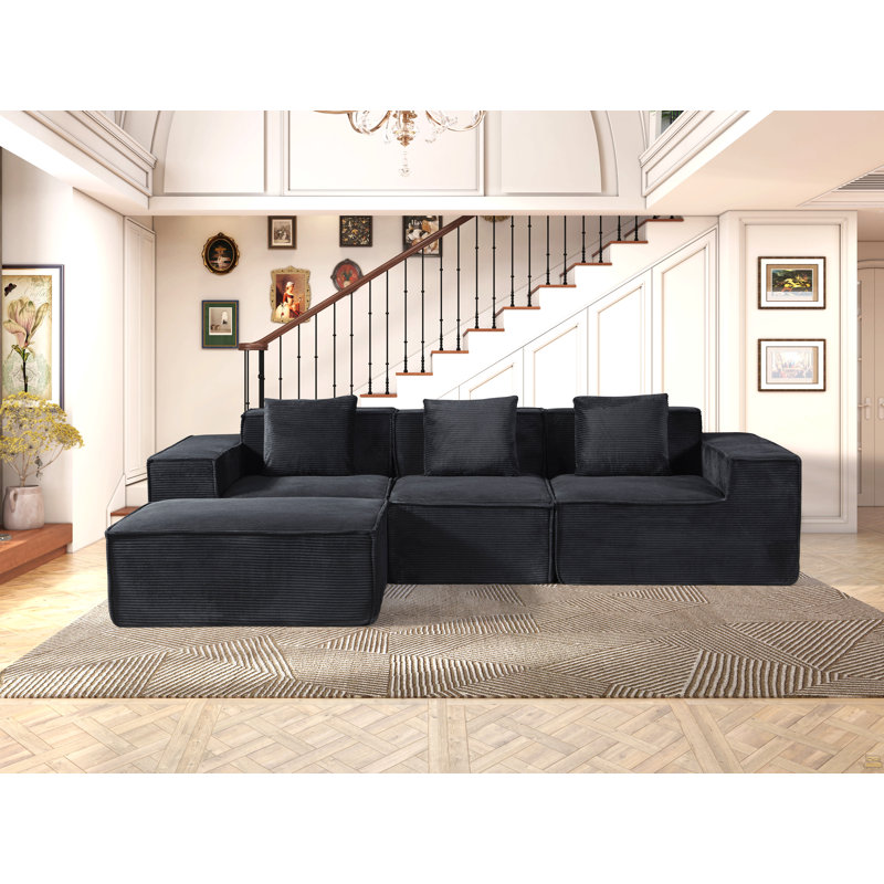 Convertible Corduroy Sectional Couch With Ottoman & Pillows, Modular L Shaped Sleeper Sofa, Boneless Cloud Couch