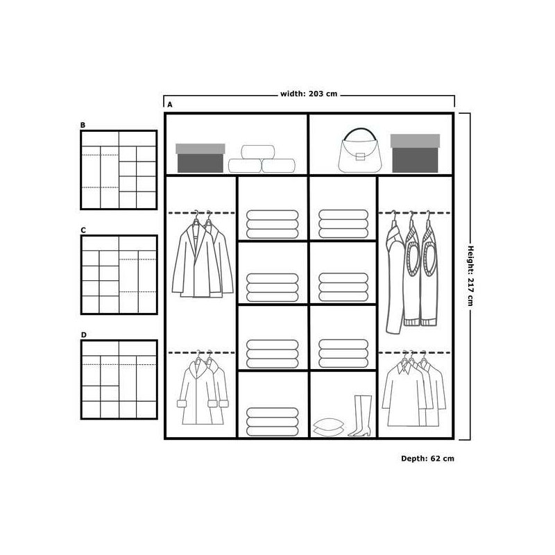 Bellarae Laminate Wardrobe, 217cm H x 203cm W x 62cm D, Black (Black Strip)
