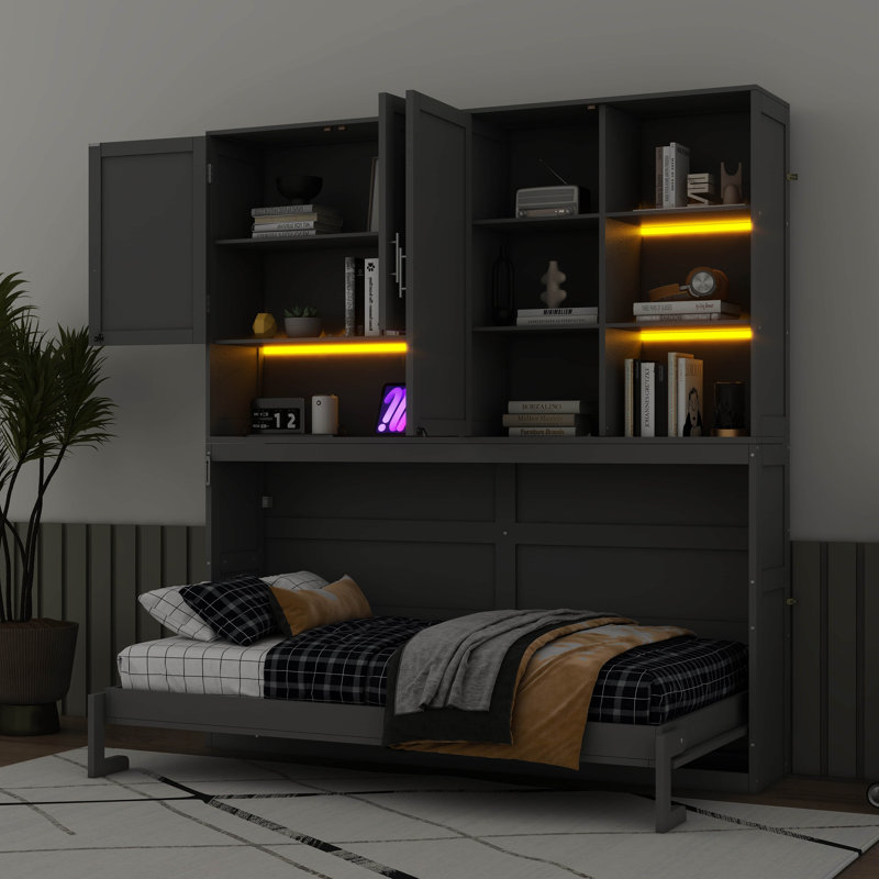 Lit simple escamotable mural simple avec armoire supérieure, supports, lit pliant peu encombrant avec éclairage et port USB