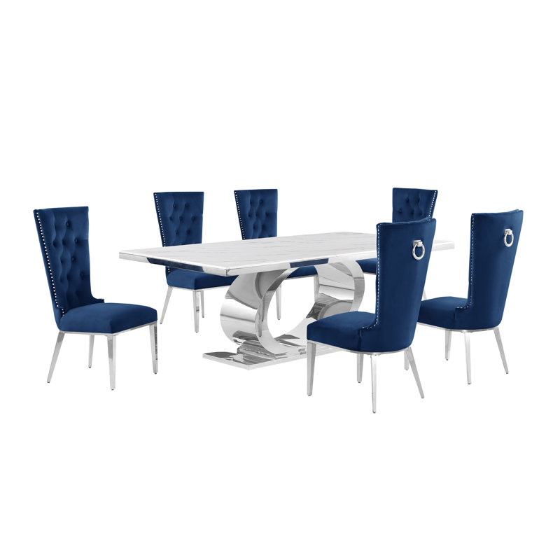 Ensemble de salle à manger Ballance, Ensemble repas 7 pièces, Navy, Argent