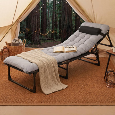 Lit de camp pliable pour adultes avec matelas, lit de camp pliant robuste avec oreiller réglable à 5 angles pour le soutien de bureau de randonnée 400 lb, gris