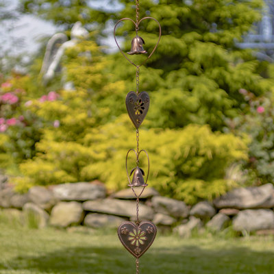 96.25" Long Antique Bronze Iron Rain Chain with Hearts & Bell Accents