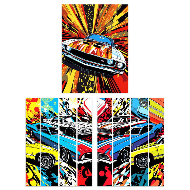 Vibrant Muscle Sports Cars Comic Strip Artworks Bright - 3 Piece No Frame Print Set, 40.5cm H x 30.5cm W x 0.3cm D