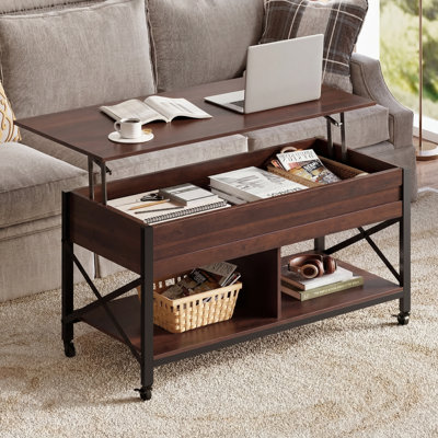 Grande table basse extensible à plateau relevable Sparta avec rangement et roulettes interchangeables, table basse carrée pour le salon  