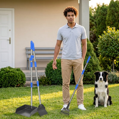 Ensemble de grande capacité Poop Scooper, en acier inoxydable robuste à long manche et pelle à râteau, pour les grands et les petits chiens, utilisation dans la cour