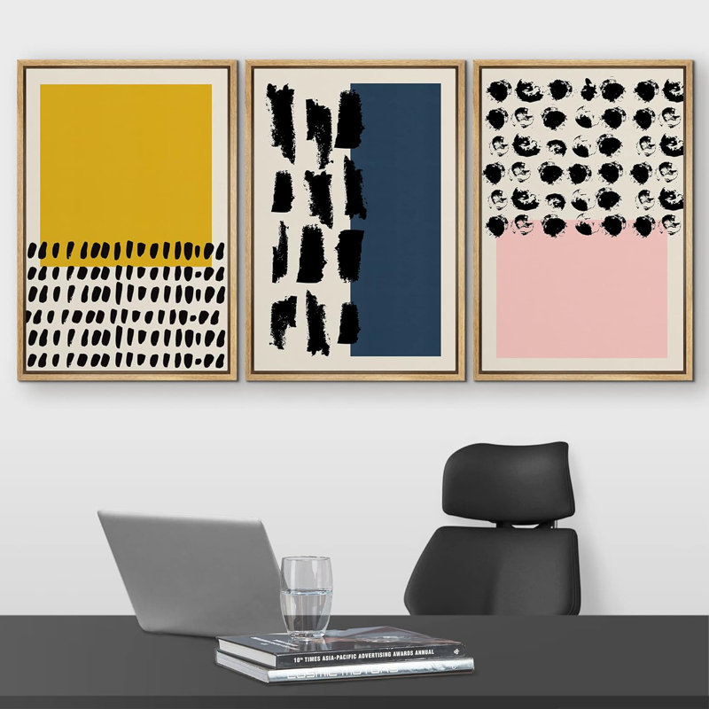 Abstract Vibrant Color Blocks " Yellow, Blue And Pink Multicolor Blocks With Dark Ink Shapes Geometric Patterns Modern Art Nordic " 3 - Pieces