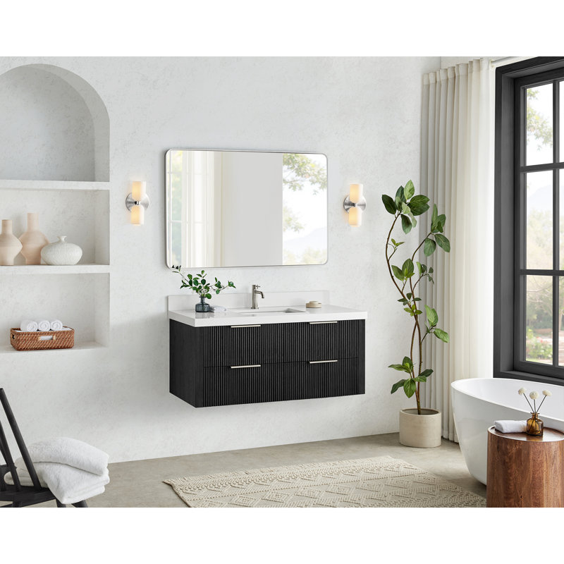 Ensemble de meuble-lavabo simple flottant 48 po Alpharetta, Chêne noir patiné / nickel brossé